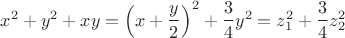 $x^2+y^2+xy=\left(x+\dfrac y2\right)^2+\dfrac 34 y^2=z_1^2+\dfrac 34z_2^2$