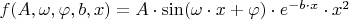 $f(A, \omega, \varphi, b, x)=A \cdot \sin(\omega \cdot x + \varphi)\cdot e^{-b \cdot x}\cdot x^2$