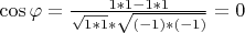 $\cos \varphi=\frac{1*1-1*1}{\sqrt{1*1}*\sqrt{(-1)*(-1)}}=0$