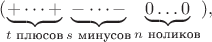 $$ (\underbrace{+\dots+}_{t \text{ плюсов}}\underbrace{-\dots-}_{s \text{ минусов}}\underbrace{0\dots 0}_{n \text{ ноликов}}),$$