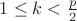 $1\leq k <\frac{p}{2}$