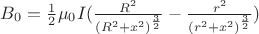 $B_0=\frac 1 2 \mu_0 I (\frac {R^2} {(R^2+x^2)^{\frac 3 2}} - \frac {r^2} {(r^2+x^2)^{\frac 3 2}})$