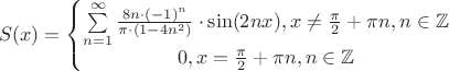 $$S(x) = \left\{\begin{matrix}
\sum\limits_{n=1}^{\infty} \frac{8n \cdot (-1)^n}{\pi \cdot (1-4n^2)} \cdot \sin(2 n x), x\neq \frac{\pi}{2} + \pi n, n \in \mathbb{Z}
\\0, x= \frac{\pi}{2} + \pi n, n \in \mathbb{Z}\end{matrix}\right$$