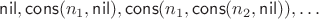$\mathsf{nil}, \mathsf{cons}(n_1, \mathsf{nil}), \mathsf{cons}(n_1, \mathsf{cons}(n_2, \mathsf{nil})), \ldots$ $\mathsf{nil}, \mathsf{cons}(n_1, \mathsf{nil}), \mathsf{cons}(n_1, \mathsf{cons}(n_2, \mathsf{nil})), \ldots$