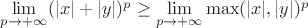 $\lim\limits_{p \to +\infty} (|x| + |y|)^p \geq \lim\limits_{p \to +\infty} \max(|x|,|y|)^p $