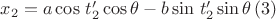 $x_2=a\cos\,t_2'\cos\theta -b\sin\,t_2'\sin\theta\,(3)$ $x_2=a\cos\,t_2'\cos\theta -b\sin\,t_2'\sin\theta\,(3)$