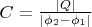 $C=\frac {|Q|}{|\phi_2 - \phi_1|}$