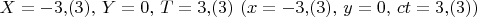 $X= -3{,}(3),\, Y=0,\, T=3{,}(3)\,\, (x=-3{,}(3),\, y=0,\, ct=3{,}(3))$