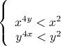 $$\left\{
\begin{array}{rcl}
\\ x^{4y}<x^2
\\y^{4x}<y^2
\end{array}
\right.$$