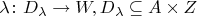 $ \lambda \colon D_\lambda \to W, D_\lambda \subseteq A \times Z $
