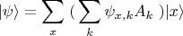 $$|\psi\rangle = \sum \limits_x \left{(} \sum \limits_k \psi_{x,k}A_k\right{)} |x\rangle$$