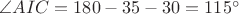$\angle AIC = 180 - 35 -30 = 115^\circ$
