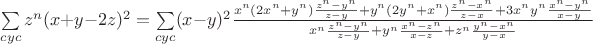 $\sum\limits_{cyc}z^n(x+y-2z)^2=\sum\limits_{cyc}(x-y)^2\frac{x^n(2x^n+y^n)\frac{z^n-y^n}{z-y}+y^n(2y^n+x^n)\frac{z^n-x^n}{z-x}+3x^ny^n\frac{x^n-y^n}{x-y}}{x^n\frac{z^n-y^n}{z-y}+y^n\frac{x^n-z^n}{x-z}+z^n\frac{y^n-x^n}{y-x}}$