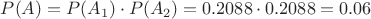 $P(A) = P(A_1) \cdot P(A_2) = 0.2088 \cdot 0.2088 = 0.06$