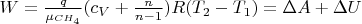 $W= \frac{q}{\mu_{CH_4}} (c_V+ \frac{n}{n-1}) R (T_2-T_1) = \Delta A + \Delta U $