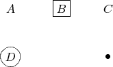 $$\xymatrix{
    A            & *+[F]{B} & C         \\
    *+[o]+[F]{D} &          & {\bullet}
}$$