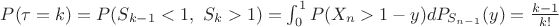 $P(\tau=k)=P(S_{k-1}<1, \ S_k>1)=\int_0^1 P(X_n>1-y)dP_{S_{n-1}}(y)=\frac{k-1}{k!}$