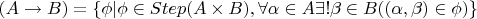 $(A\to B)=\{\phi |\phi\in Step(A\times B), \forall \alpha\in A \exists! \beta\in B ((\alpha,\beta)\in \phi)\}$