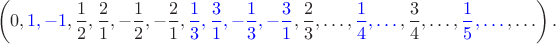 $$\left( 0, \textcolor{blue}{1, -1}, \frac12, \frac21, -\frac12, -\frac21, \textcolor{blue}{\frac13, \frac31, -\frac13, -\frac31}, \frac23, \ldots, \textcolor{blue}{\frac14, \ldots\,}, \frac34, \ldots, \textcolor{blue}{\frac15, \ldots\,}, \ldots \right).$$