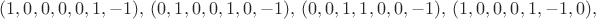 $(1,0,0,0,0,1,-1),\ (0,1,0,0,1,0,-1),\ (0,0,1,1,0,0,-1),\ (1,0,0,0,1,-1,0),$