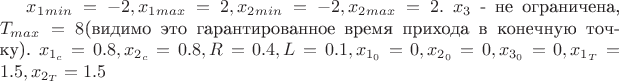$x_1_{min} = -2, x_1_{max} = 2, x_2_{min} = -2, x_2_{max} = 2.$
$x_3$ - не ограничена,  $T_{max} = 8$(видимо это гарантированное время прихода в конечную точку).
$x_{1_c} = 0.8, x_{2_c} = 0.8, R = 0.4, L = 0.1, x_{1_0} = 0, x_{2_0} = 0, x_{3_0} = 0, x_{1_T} = 1.5, x_{2_T} = 1.5$