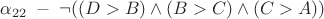 $\alpha_{22} \; - \; \neg ((D>B) \wedge (B>C) \wedge (C>A))$ $\alpha_{22} \; - \; \neg ((D>B) \wedge (B>C) \wedge (C>A))$