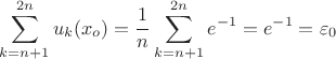 $\displaystyle\sum\limits_{k=n+1}^{2n}u_k(x_o)=\dfrac{1}{n}\displaystyle\sum\limits_{k=n+1}^{2n}e^{-1}=e^{-1}=\varepsilon_0$