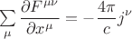 $$\mathop{\textstyle\sum}\limits_{\mu}\dfrac{\partial F^{\mu\nu}}{\partial x^\mu}=-\dfrac{4\pi}{c}j^\nu$$