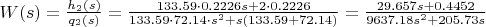 $W(s)=\frac{h_{2}(s)}{q_{2}(s)}=\frac{133.59 \cdot 0.2226 s+2 \cdot 0.2226}{133.59 \cdot 72.14 \cdot s^2+s(133.59+72.14)}=\frac{29.657 s+0.4452}{9637.18 s^2+205.73 s}$