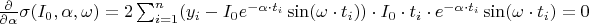 $\frac{\partial}{\partial \alpha}\sigma(I_{0},\alpha,\omega)=2\sum_{i=1}^{n}(y_{i}-I_{0}e^{-\alpha \cdot t_{i}}\sin (\omega\cdot t_{i}))\cdot I_{0}\cdot t_{i}\cdot e^{-\alpha \cdot t_{i}}\sin (\omega\cdot t_{i})=0$