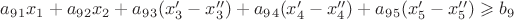 $a_9_1x_1+a_9_2x_2+a_9_3(x_3'-x_3'')+a_9_4(x_4'-x_4'')+a_9_5(x_5'-x_5'')\geqslant b_9$