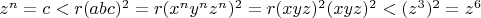 $z^n = c < r(abc)^2 = r(x^ny^nz^n)^2 = r(xyz)^2 (xyz)^2 < (z^3)^2 = z^6$