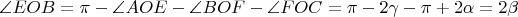 $\angle{EOB}=\pi-\angle{AOE}-\angle{BOF}-\angle{FOC}=\pi-2\gamma-\pi+2\alpha=2\beta$