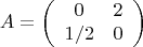 $$
A = 
\left(
\begin{array}{cc}
0 & 2 \\
1/2 & 0
\end{array}
\right)
$$
