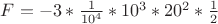 $F = - 3 \ast \frac {1}{10^4} \ast 10^3 \ast 20^2 \ast \frac {1}{2}$
