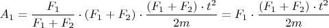 $A_1=\dfrac {F_1}{F_1+F_2}\cdot (F_1+F_2)\cdot \dfrac {(F_1+F_2)\cdot t^2}{2m}=F_1\cdot \dfrac {(F_1+F_2)\cdot t^2}{2m}$