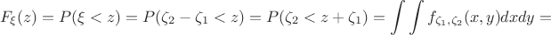 $$F_\xi (z)=P(\xi <z)=P(\zeta _2 - \zeta _1<z)=P(\zeta _2< z+ \zeta _1)=\int\int f_{\zeta _1,\zeta _2}(x,y)dxdy=$$
