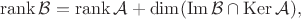 $$\operatorname{rank}\mathcal{B}=\operatorname{rank}\mathcal{A}+\operatorname{dim}(\operatorname{Im}\mathcal{B} \cap \operatorname{Ker}\mathcal{A}),$$