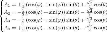$$
\begin{cases}
 A_1 = +\frac{1}{2}\left(\cos(\varphi) + \sin(\varphi) \right)\sin(\theta) + \frac{\sqrt{2}}{2}\cos(\theta) \\
 A_2 = -\frac{1}{2}\left(\cos(\varphi) - \sin(\varphi) \right)\sin(\theta) - \frac{\sqrt{2}}{2}\cos(\theta) \\
 A_3 = -\frac{1}{2}\left(\cos(\varphi) + \sin(\varphi) \right)\sin(\theta) + \frac{\sqrt{2}}{2}\cos(\theta) \\
 A_4 = +\frac{1}{2}\left(\cos(\varphi) - \sin(\varphi) \right)\sin(\theta) - \frac{\sqrt{2}}{2}\cos(\theta) \\
\end{cases}
$$