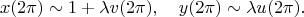 $$
x(2\pi) \sim 1 + \lambda v(2\pi), \quad y(2\pi) \sim \lambda u(2 \pi).
$$