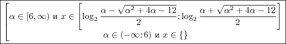 $$ \boxed{\left[ \begin{matrix}
\alpha \in [6,\infty) \text{ и } x \in \left[\log_2\dfrac{\alpha - \sqrt{\alpha^2+4\alpha-12}}{2};\log_2\dfrac{\alpha + \sqrt{\alpha^2+4\alpha-12}}{2} \right]\\
\alpha \in (-\infty; 6) \text{ и } x \in \{\} \right.
\end{matrix} }$$