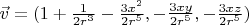 $\vec v = (1 + \frac {1}{2r^3} -  \frac {3x^2}{2r^5},  -  \frac {3xy}{2r^5},  -  \frac {3xz}{2r^5})$