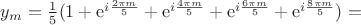 $y_m = \frac{1}{5}(1 + {\rm e}^{i \frac{2\pi m}{5}} + {\rm e}^{i \frac{4\pi m}{5}} + {\rm e}^{i \frac{6\pi m}{5}} + {\rm e}^{i \frac{8\pi m}{5}}) = $