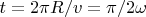 $t=2\pi R/v=\pi/2\omega$