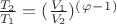$\frac{T_2}{T_1} = (\frac{V_1}{V_2})^(^\varphi ^- ^1^)$