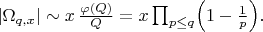 $|\Omega_{q,x}| \sim x\,\frac{\varphi(Q)}{Q}=x\prod_{p\le q}\Bigl(1-\frac1p\Bigr). $