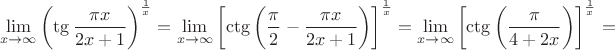 $$\lim\limits_{x\to\infty} \left(\tg \frac {\pi x} {2x+1}\right)^\frac {1} {x}=\lim\limits_{x\to\infty} \left[\ctg\left({\pi\over2}-{\pi x\over2x+1}\right)\right]^{1\over x}=\lim\limits_{x\to\infty} \left[\ctg\left({\pi\over4+2x}\right)\right]^{1\over x}=$$