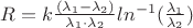 $R=k\frac{(\lambda_1- \lambda_2)}{\lambda_1\cdot\lambda_2}ln^{-1}(\frac{\lambda_1}{ \lambda_2})$