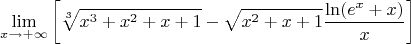 $$\lim\limits_{x \to +\infty} \left[\sqrt[3]{x^3+x^2+x+1}-\sqrt{x^2+x+1} \frac{\ln(e^x+x)}{x}\right]$$