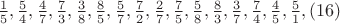 $\frac15,\frac54,\frac47,\frac73,\frac38,\frac85,\frac57,\frac72,\frac27,\frac75,\frac58,\frac83,\frac37,\frac74,\frac45,\frac51, (16)$